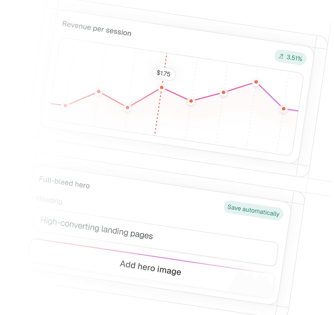 Pagedeck editor wireframes with a revenue-per-session chart