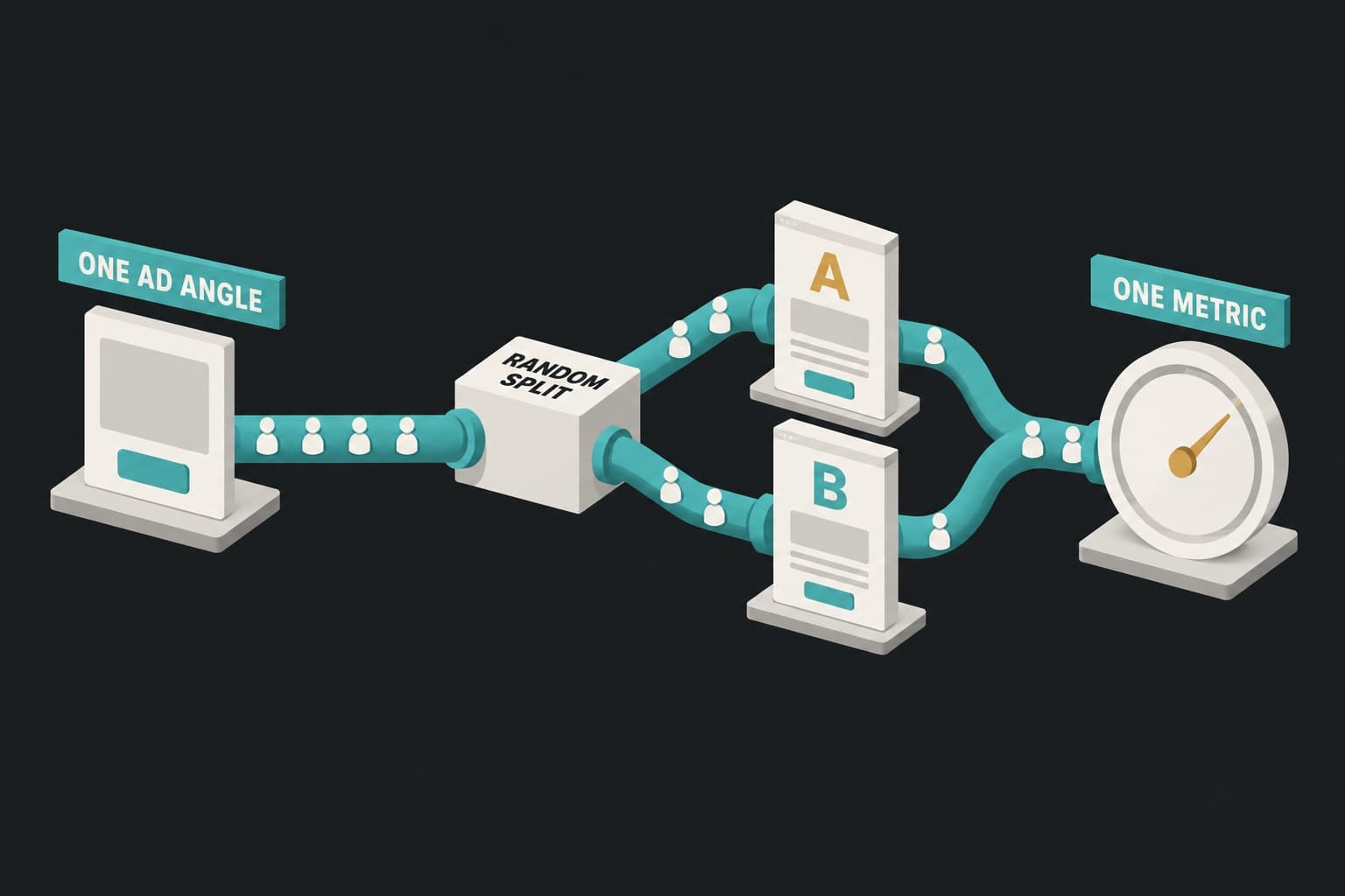 Diagram of a landing page A/B test: paid clicks from one ad split at random between page A and page B, judged on one metric
