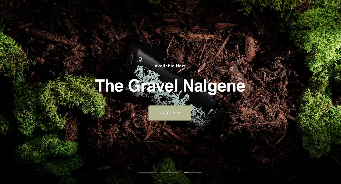 The Gravel Nalgene product announcement over a mossy, earthy background