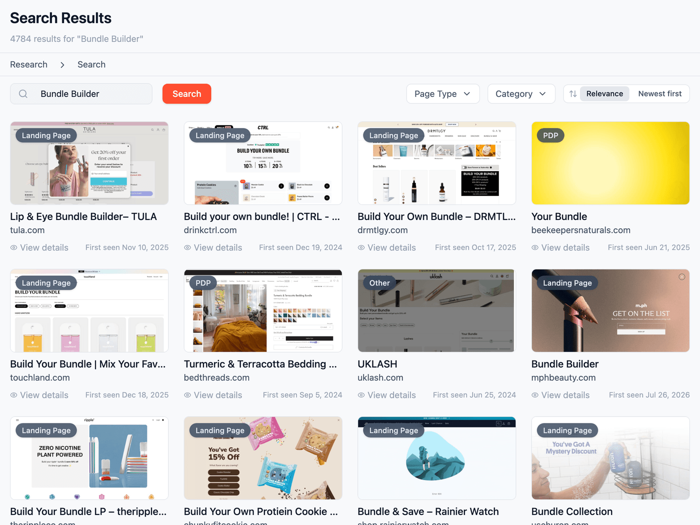 Research Agent search results for “Bundle Builder” showing 4,784 matching landing pages