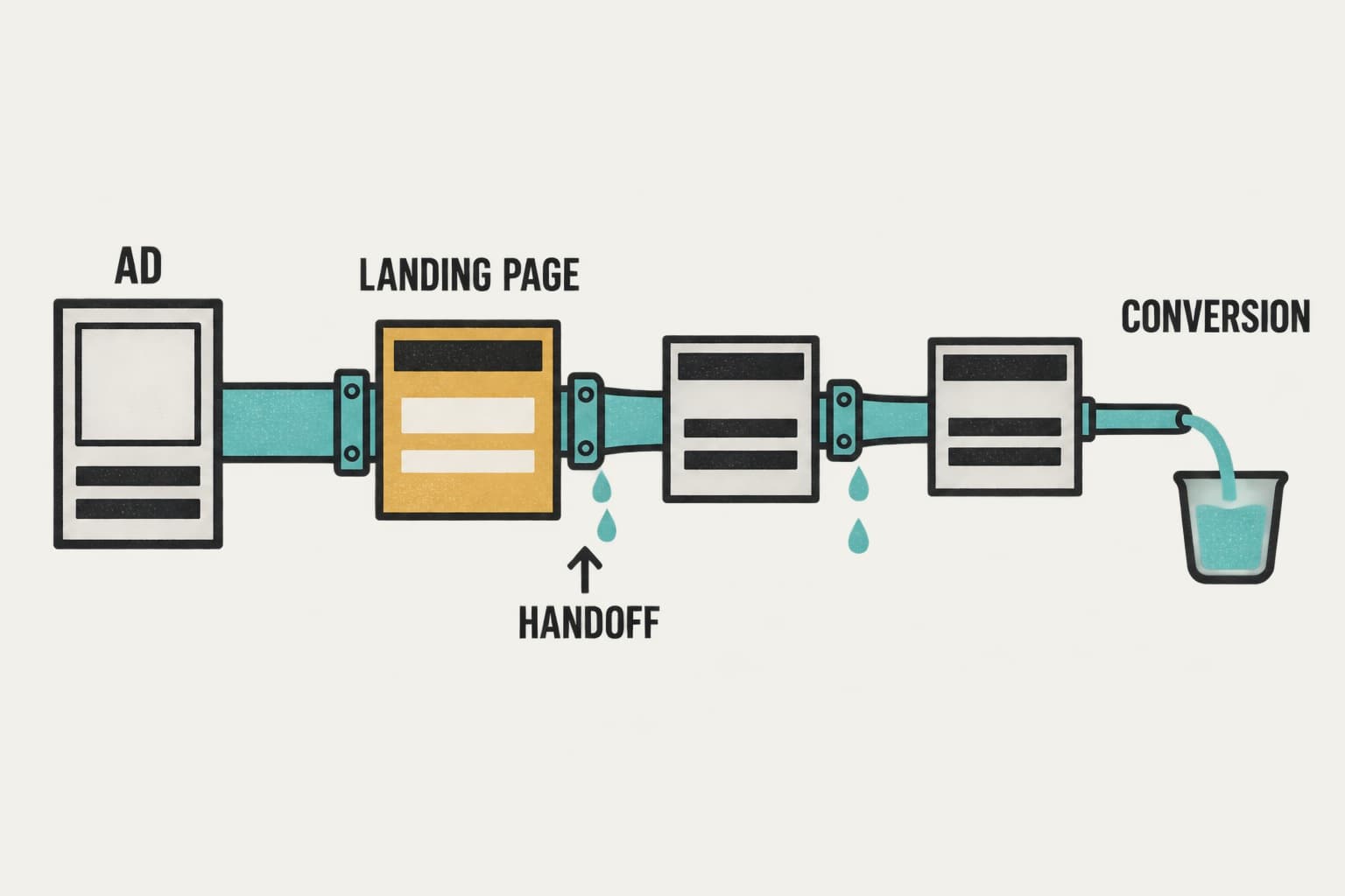 Conversion funnel as a pipe of pages from ad to conversion, leaking at every handoff, with the landing page step highlighted