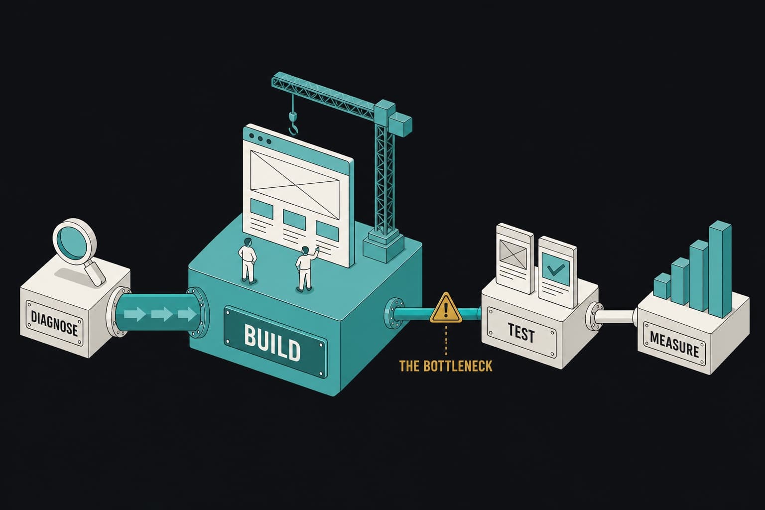 Isometric diagram of conversion rate optimization tools across the diagnose, build, test, and measure stages