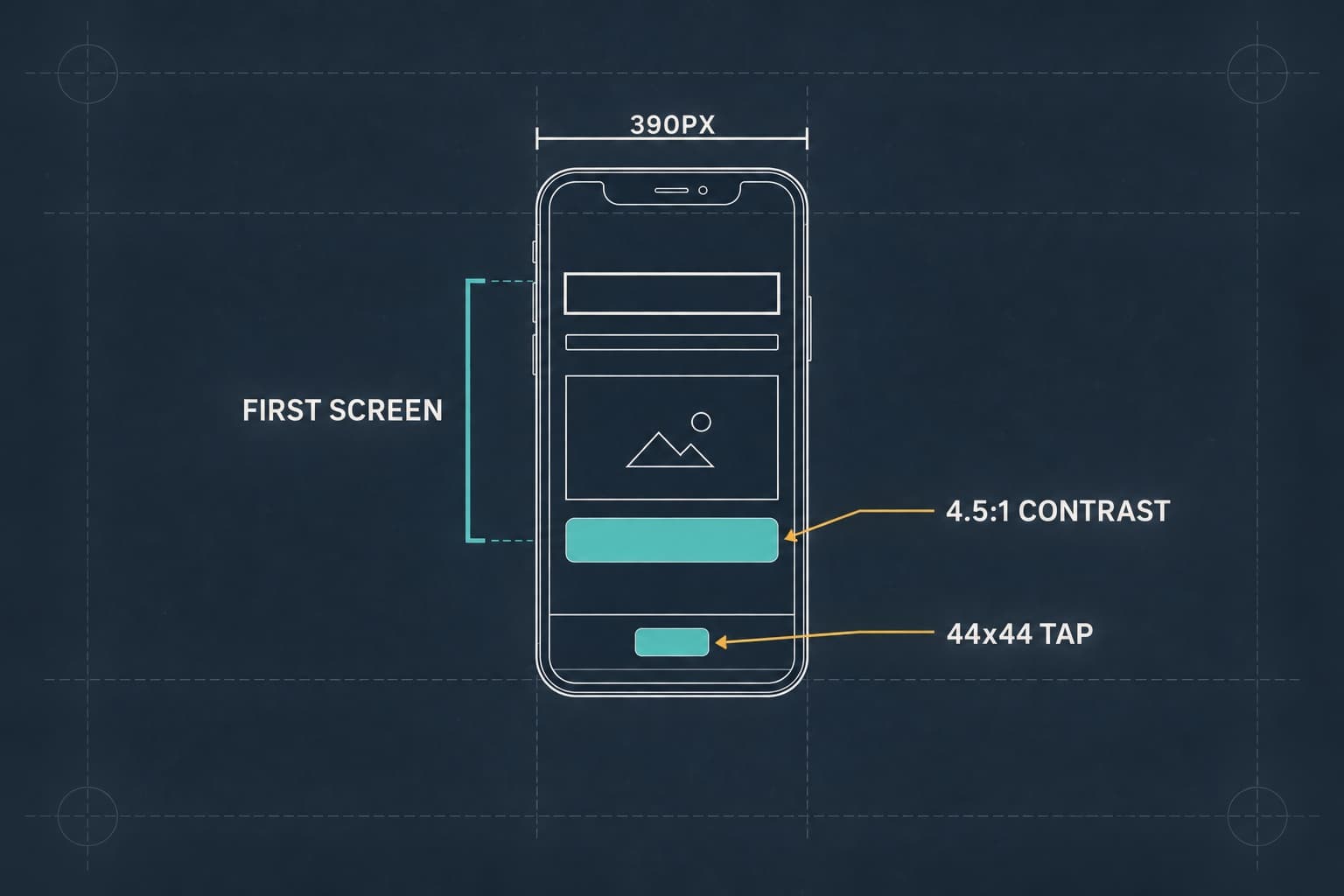 Landing page design blueprint: a 390px phone page with the first screen, CTA contrast, and tap target size annotated