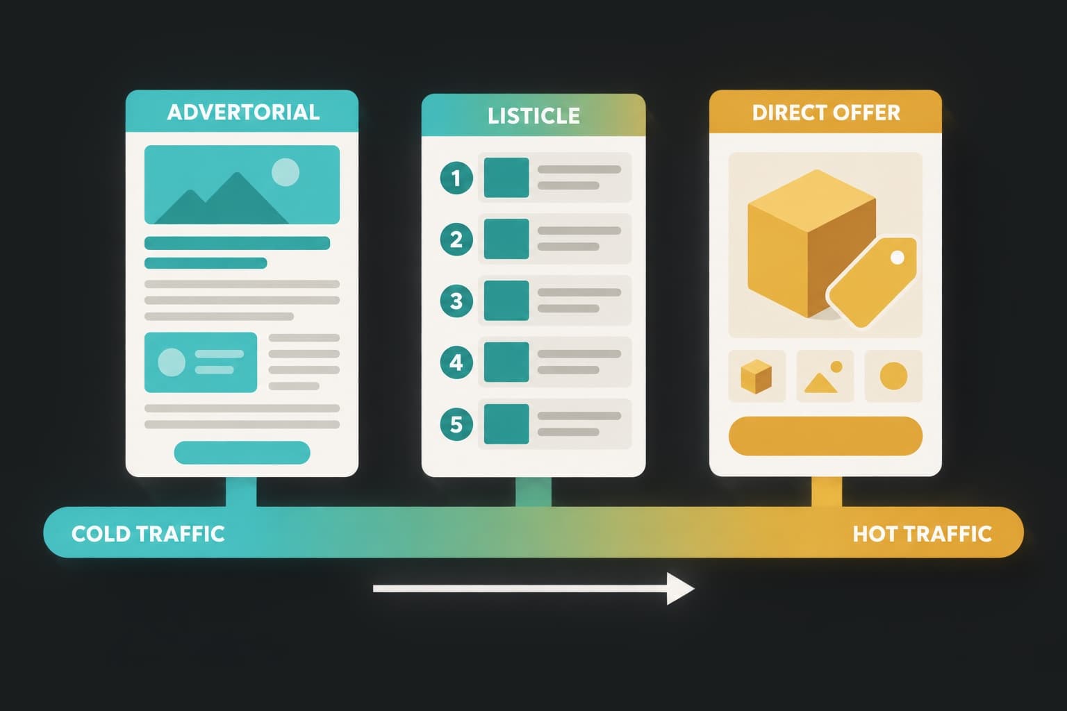 Flat vector illustration of landing page examples arranged by traffic temperature, from cold advertorial to hot direct offer