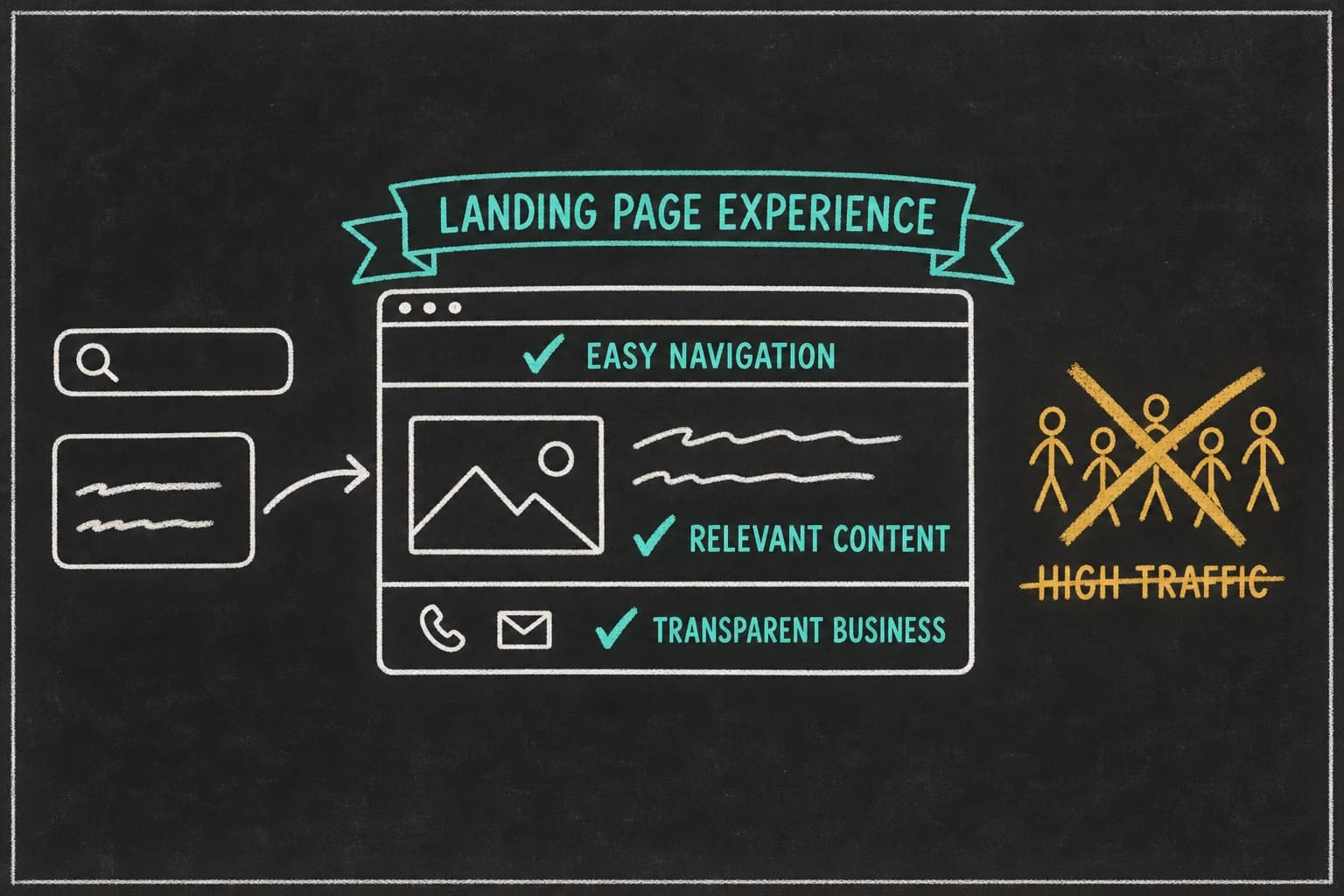 Chalk diagram of which attributes describe a good landing page experience: relevant content, easy navigation, transparency