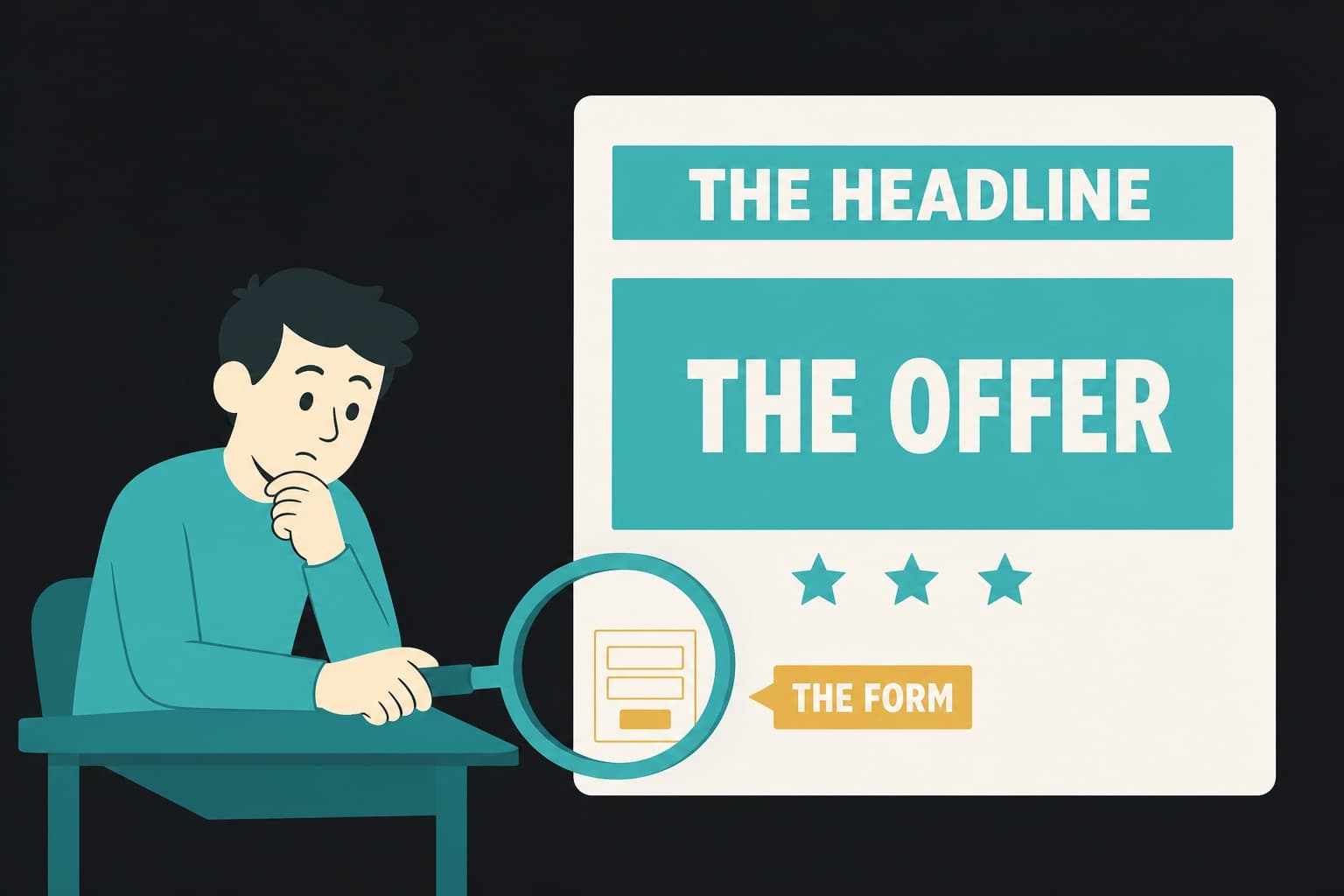 Marketer inspecting the tiny form on a lead gen landing page while the headline and offer around it go unoptimized