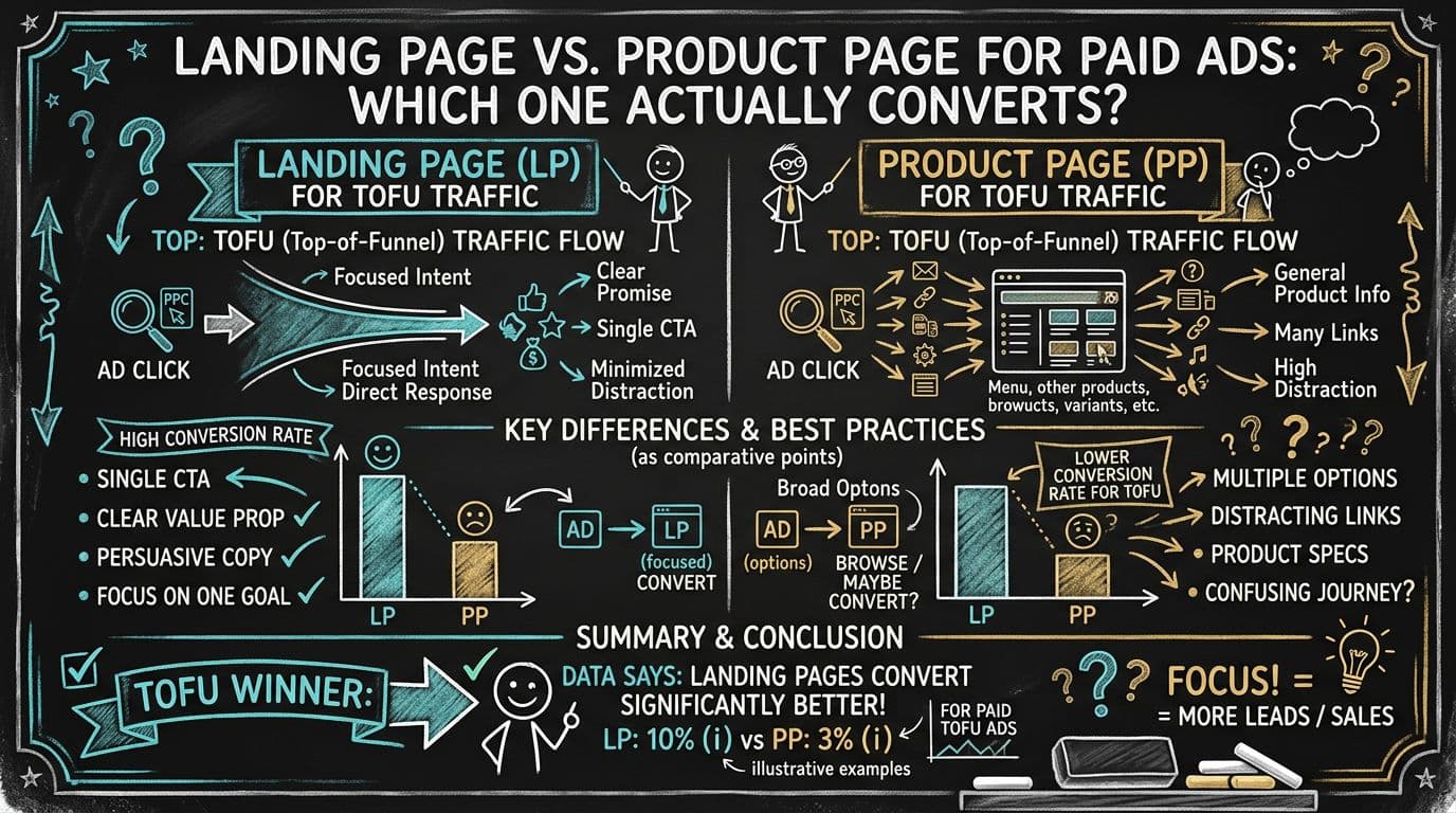 Illustrated chalkboard diagram comparing landing page and product page traffic flows for paid ads